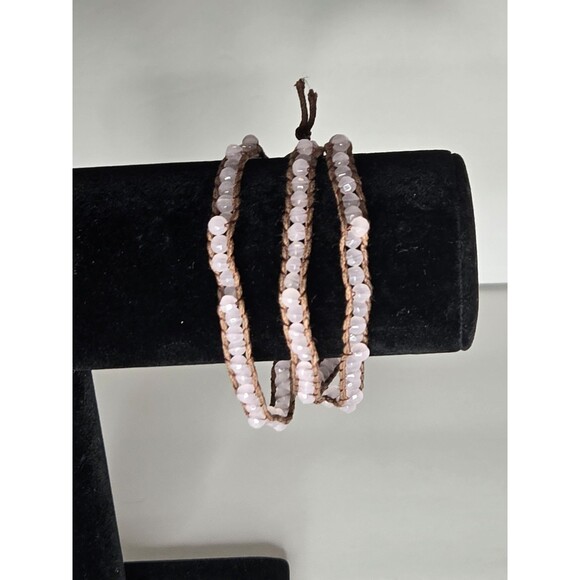 Beaded Wrap Bracelet Light Pink Beads Button Closure - Picture 2 of 5